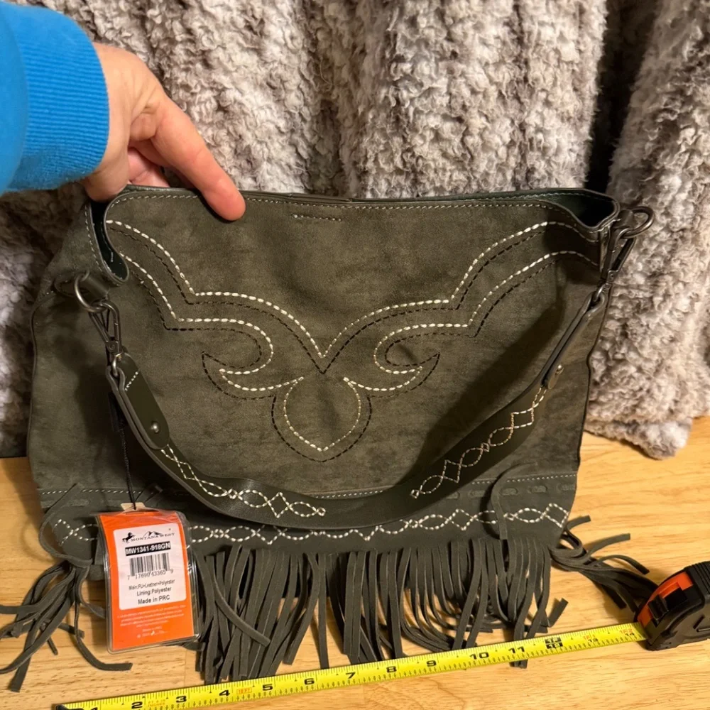 Fringe Suede Shoulder Bag in Olive Green